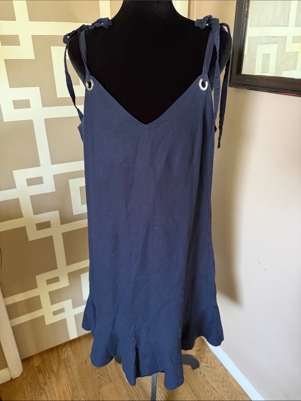 Gianni Bini Navy Nancy Linen Blend, Tie-Strap Sundress Sz L, EXC CONDITION